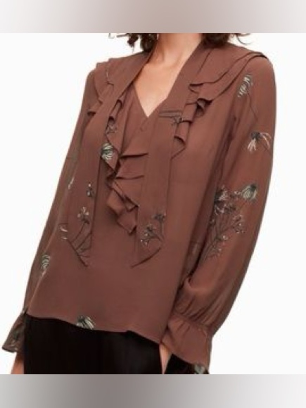 🎊HOST PICK🎊 ARITZIA LITTLE MOON Brown Floral Ruffle Blouse with Tie Neck